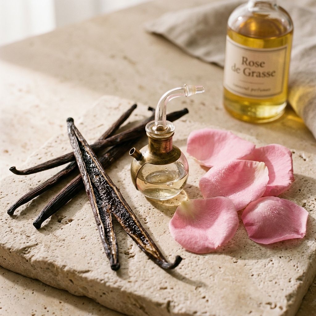 Ingrédients de parfumerie fine et alambic traditionnel